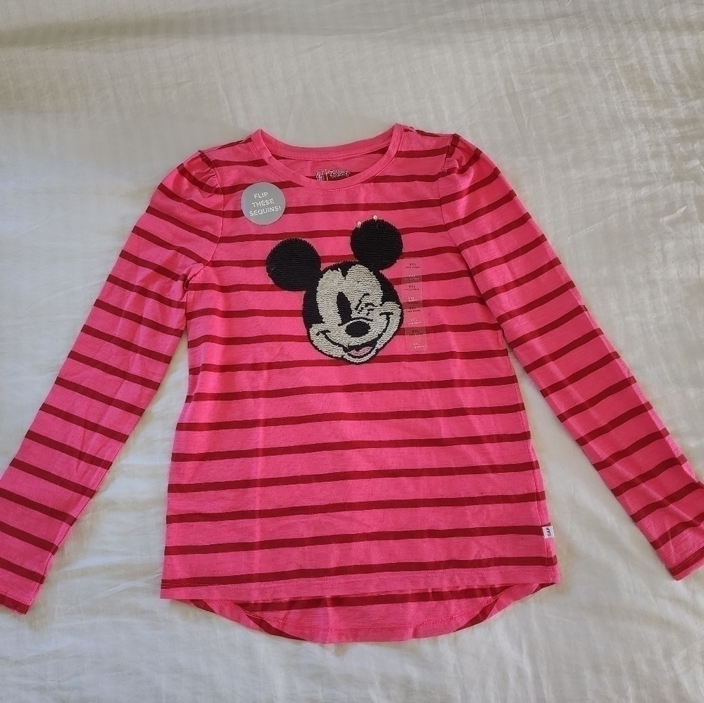 Nnew GAP Kids X Disney striped long sleeve sequins mickey mouse shirt size XXL